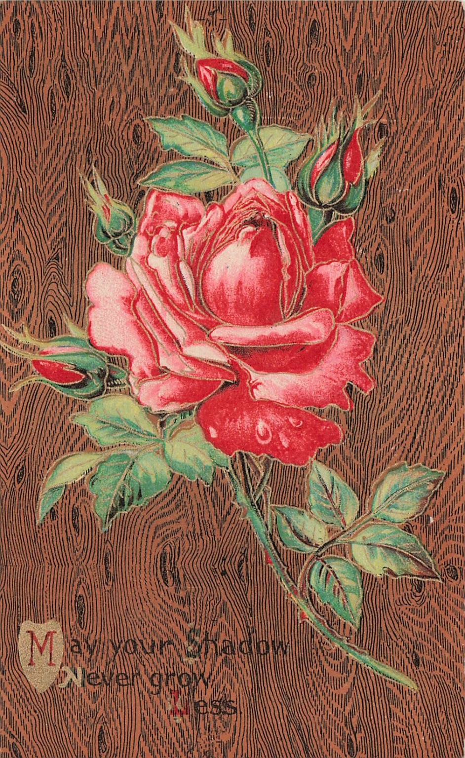 Antique Embossed Red Rose Floral Wood Grain Postcard \