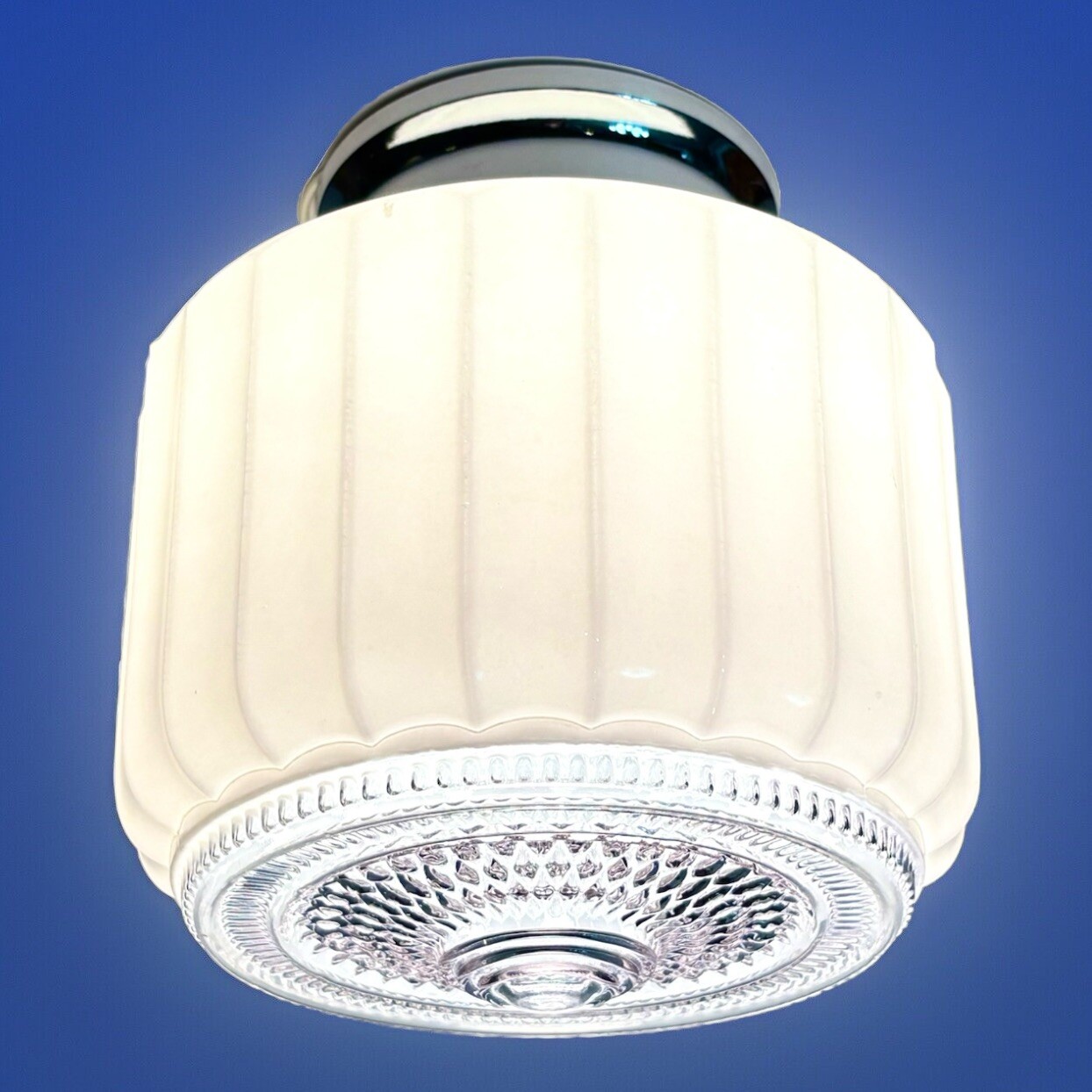 Vtg Art Deco 1940s-50's White/Clear Lavender Glass Shade Ceiling Light Fixture