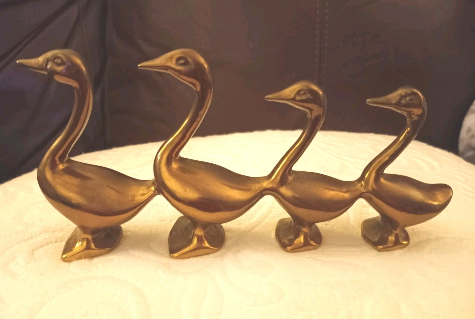 Vintage Set Of 4 Solid Brass Geese In A Row Figurine Classic