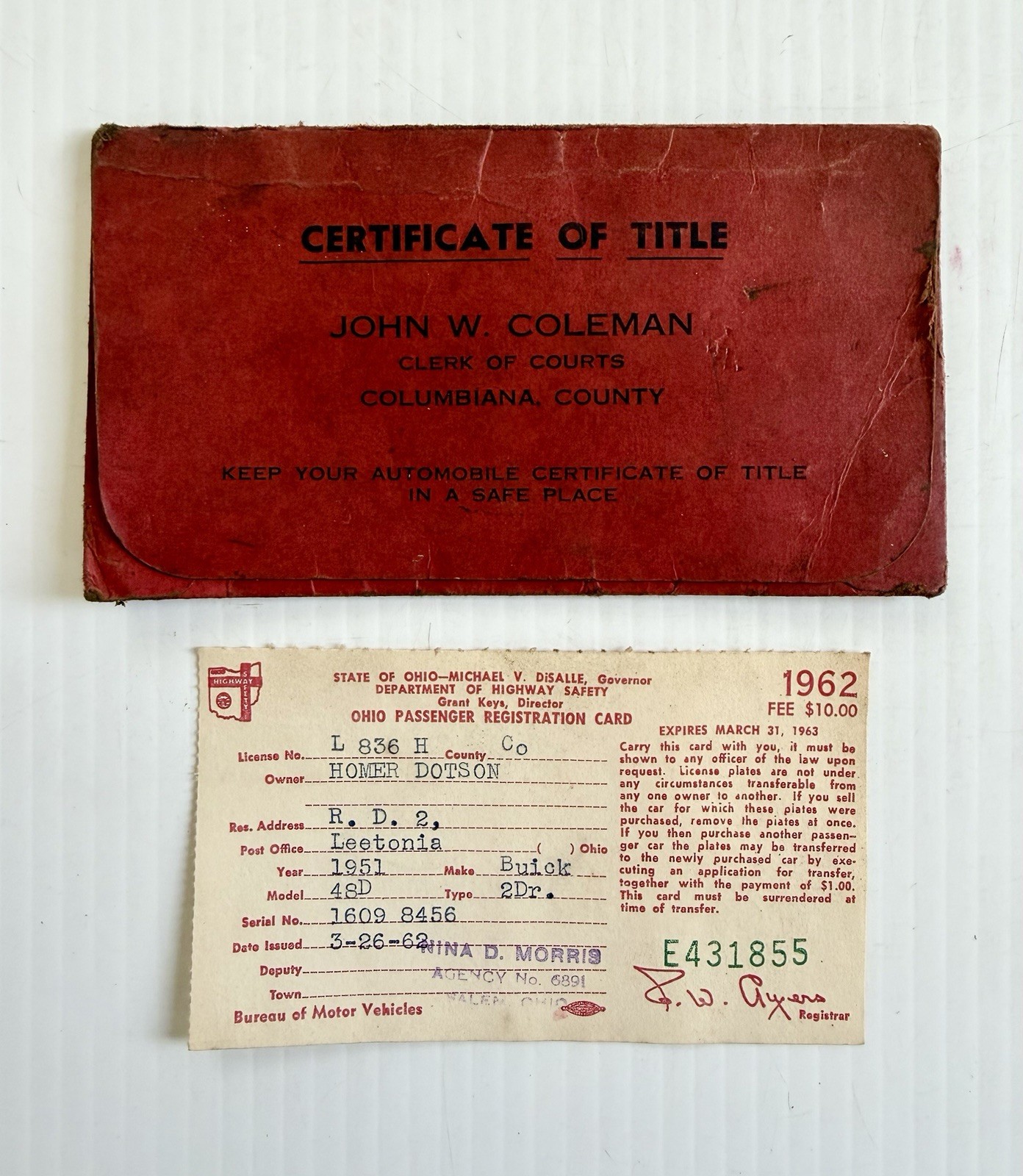 Vintage 1962 Certificate Of Car Title Ohio Document- 1951 Buick 48D 2 Door