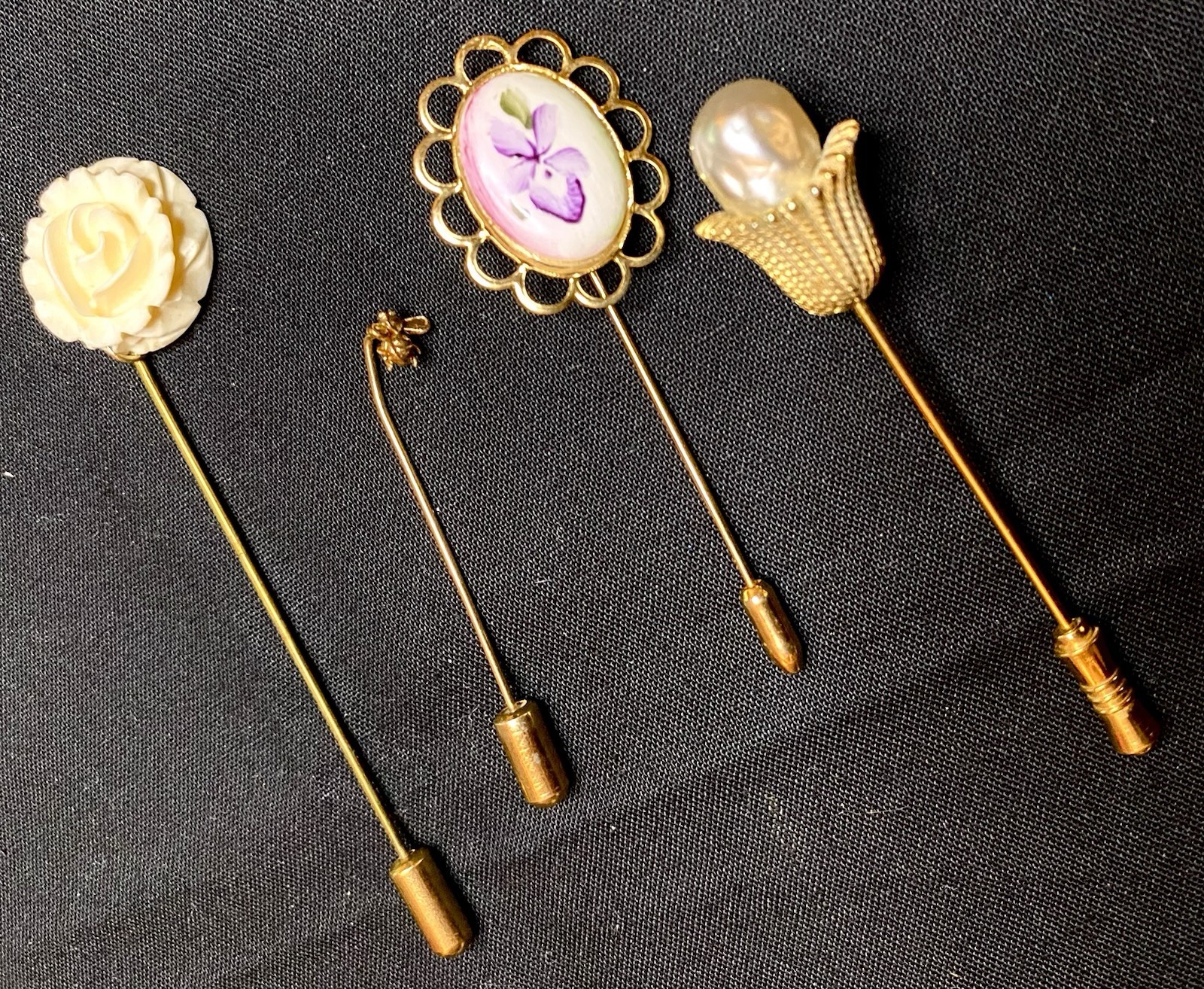 Estate Lot 4 Vintage Stick Pins Goldtone Lapel Hat Tie Jewelry Floral Portrait