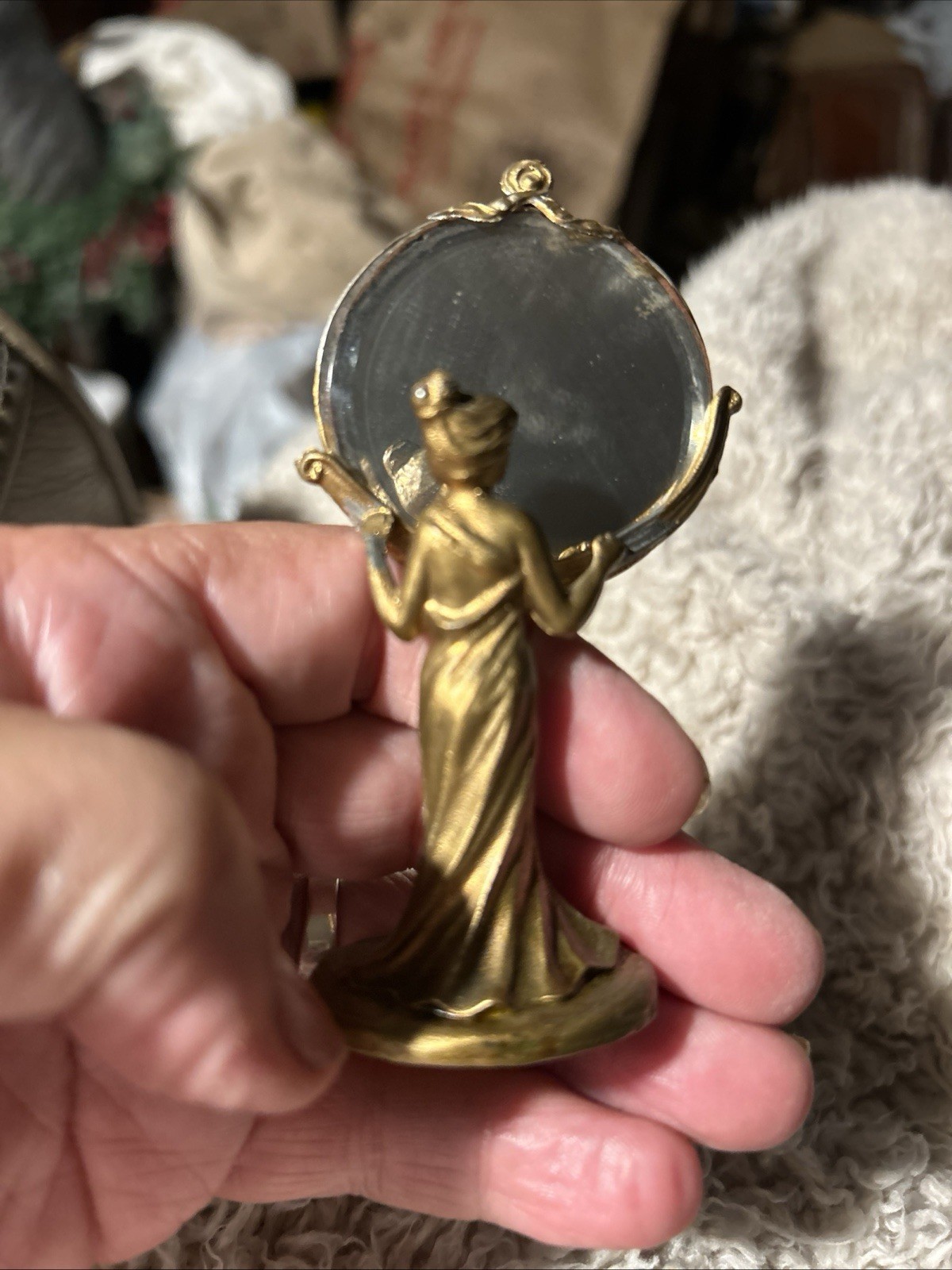 Antique Miniature Art Nouveau Figural Lady Looking @ Mirror Metal Beveled Glass