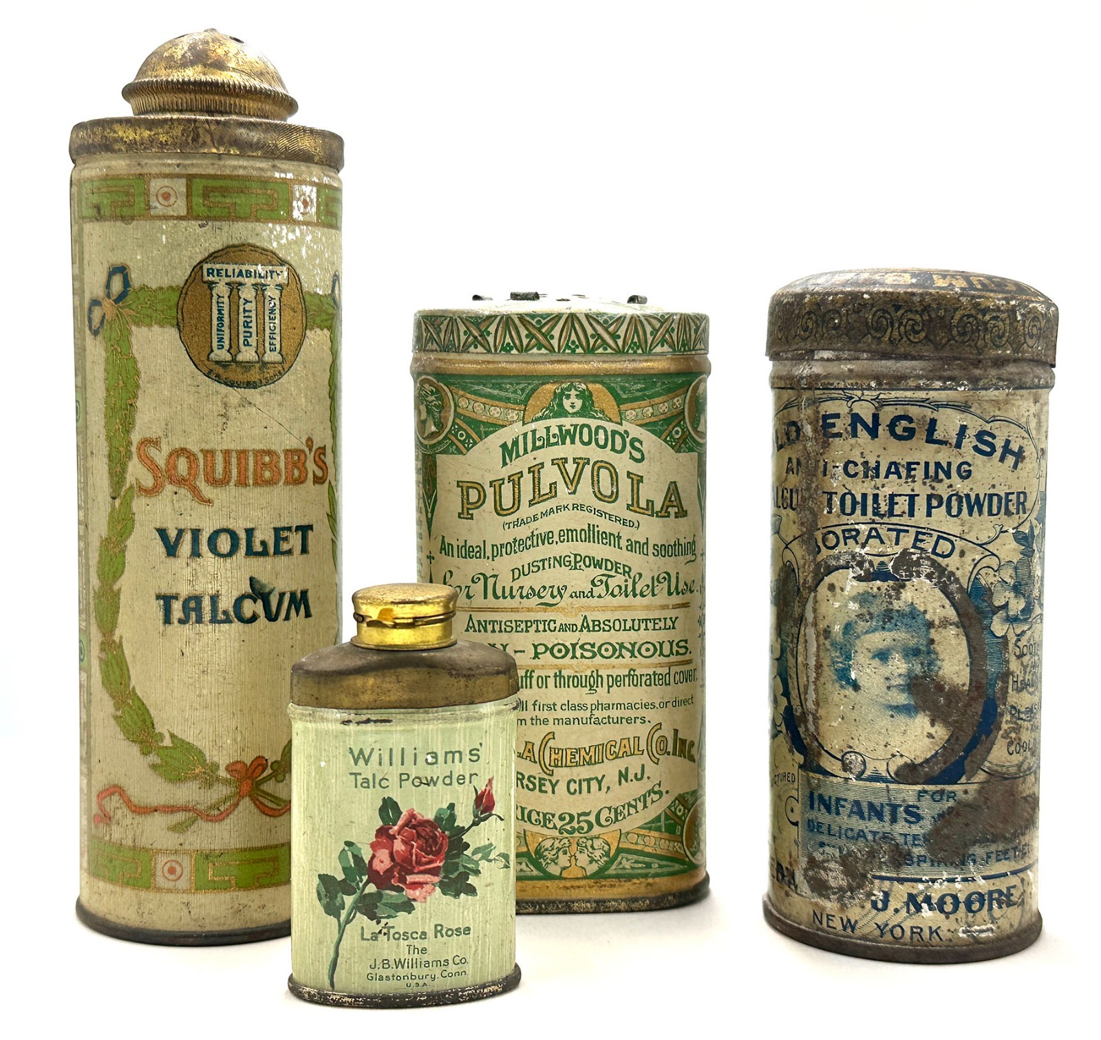 NICE LOT of 4 Early 1900's ANTIQUE Talcom Powder Tins | Squibb's. Williams, etc.