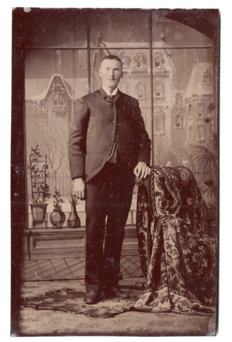 c1869 Handsome Man RARE Winter Scene Painted Backdrop 1/6 Plate Tintype Antique c1869 Handsome Man RARE Winter Scene Painted Backdrop 1/6 Plate Tintype Antique