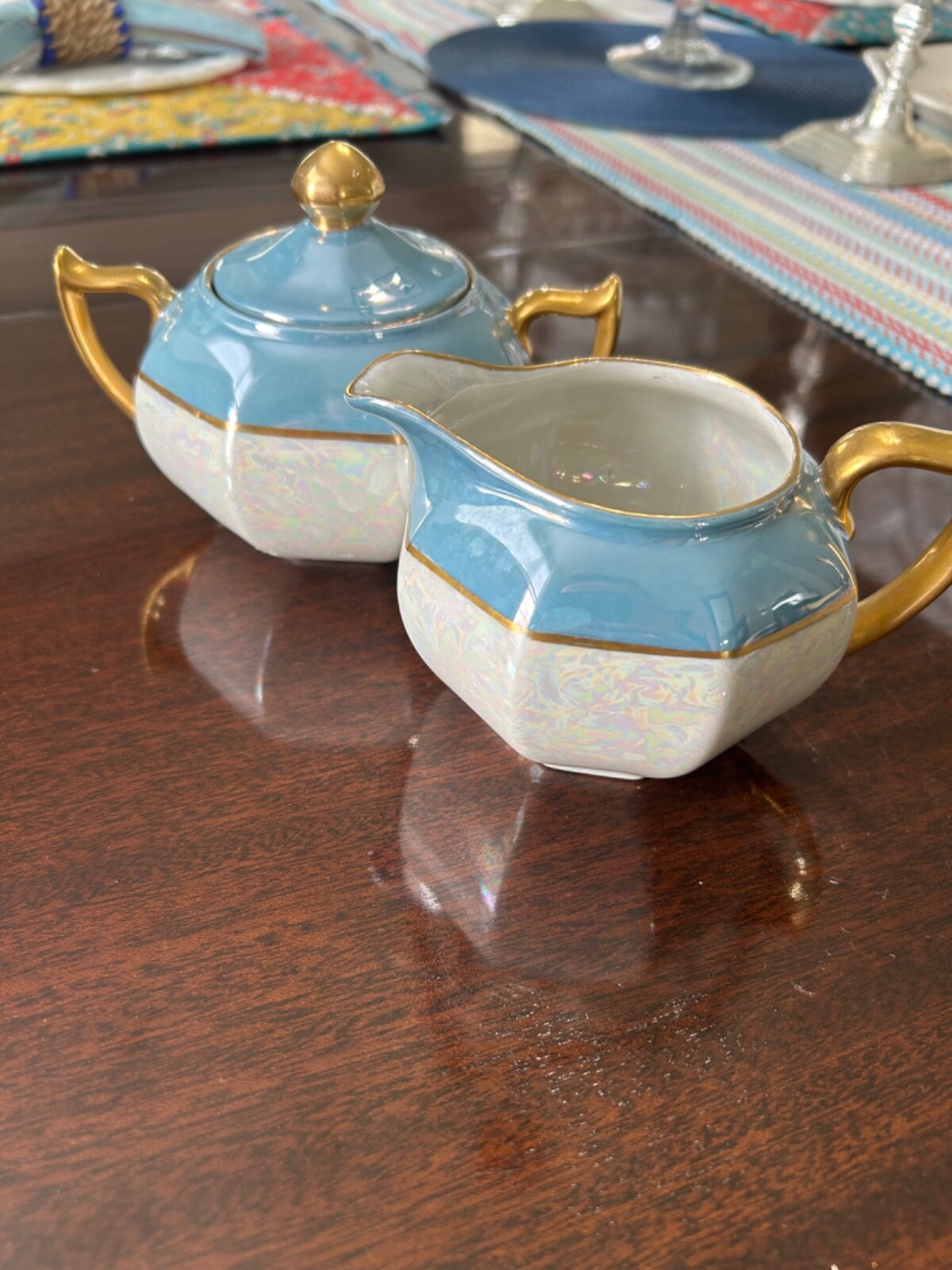 Vintage Z.S.&C Bavaria Opalescent Cream & Sugar w/Lid Gold Handles Excellent