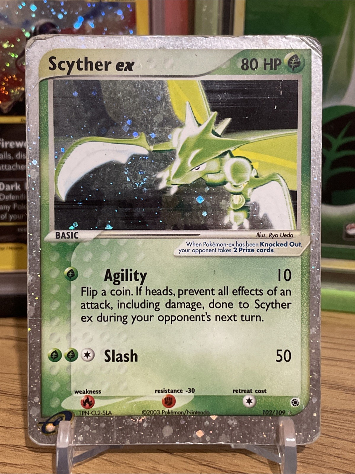 Scyther ex 102/109 Holo EX Rare Ruby & Sapphire Pokemon HP swirl