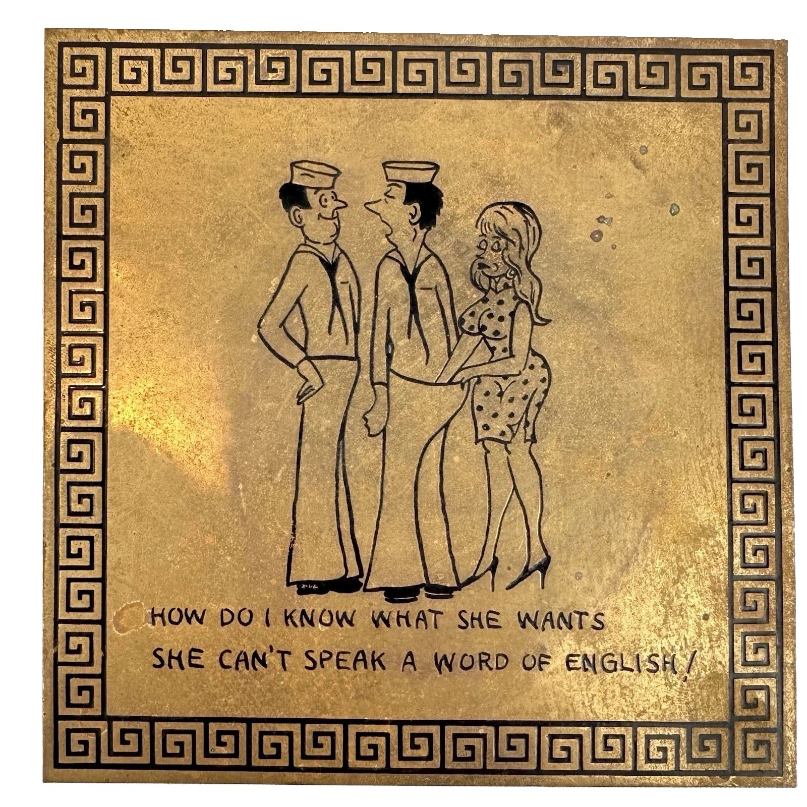 Vintage Naughty Humor Brass Wall Decor / Hot Plate 1960’s Cartoons Retro Funny