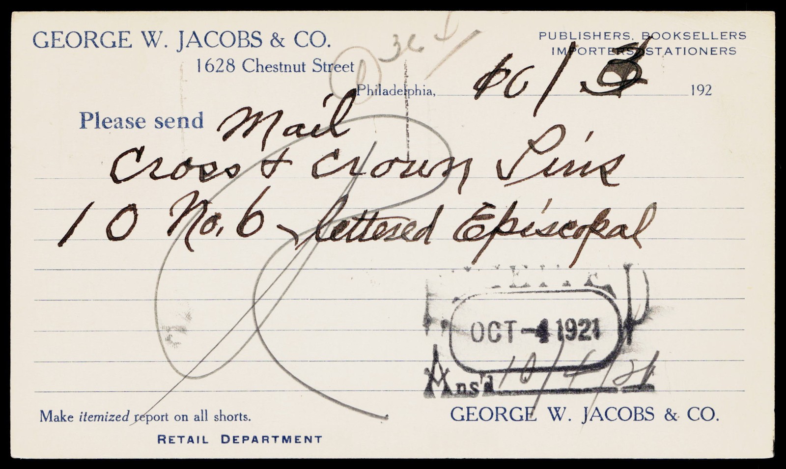 1921 George W. Jacobs & Co Philadelphia PA Bookseller Business Postcard