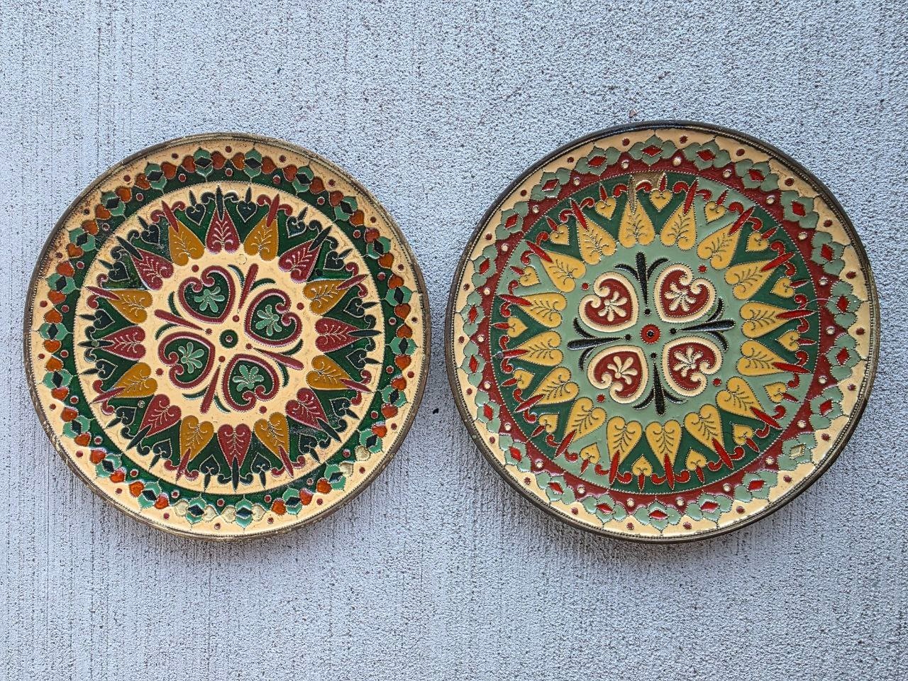 Pair of Vintage Hand-Painted Brass Plates – 6.5” – Folk Floral Design – Embossed