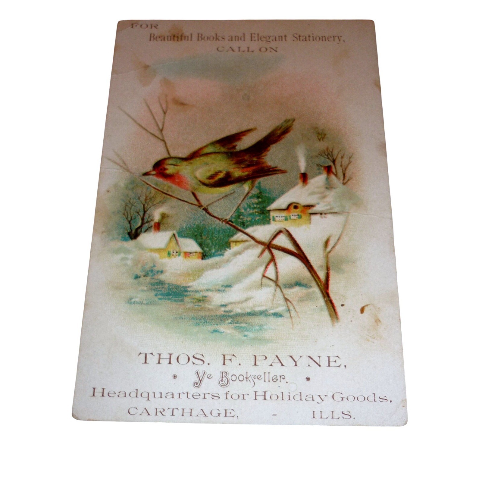 Vintage Thos F Payne Carthage IL Bookseller Trade Card Bird Winter Ephemera