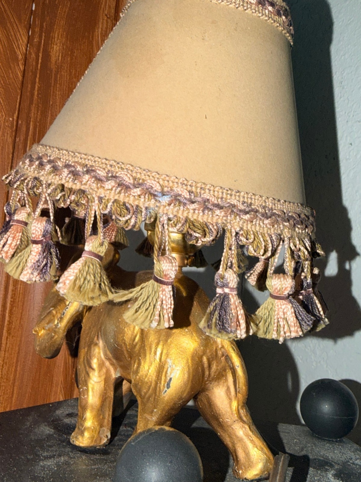 Vintage Bronze Elephant Table Lamp Gold Finish Tasseled Shade Hollywood Regency