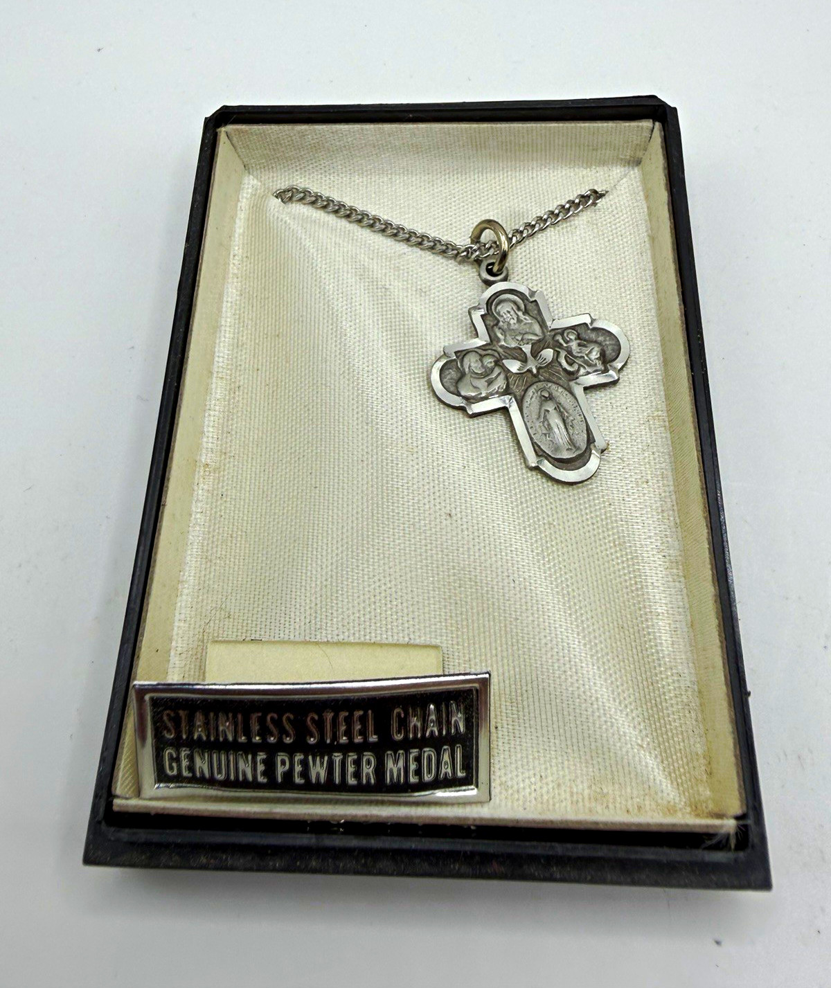 Vintage Catholic Four Way Medal Cross Pewter Stainless Steel Chain Boxed