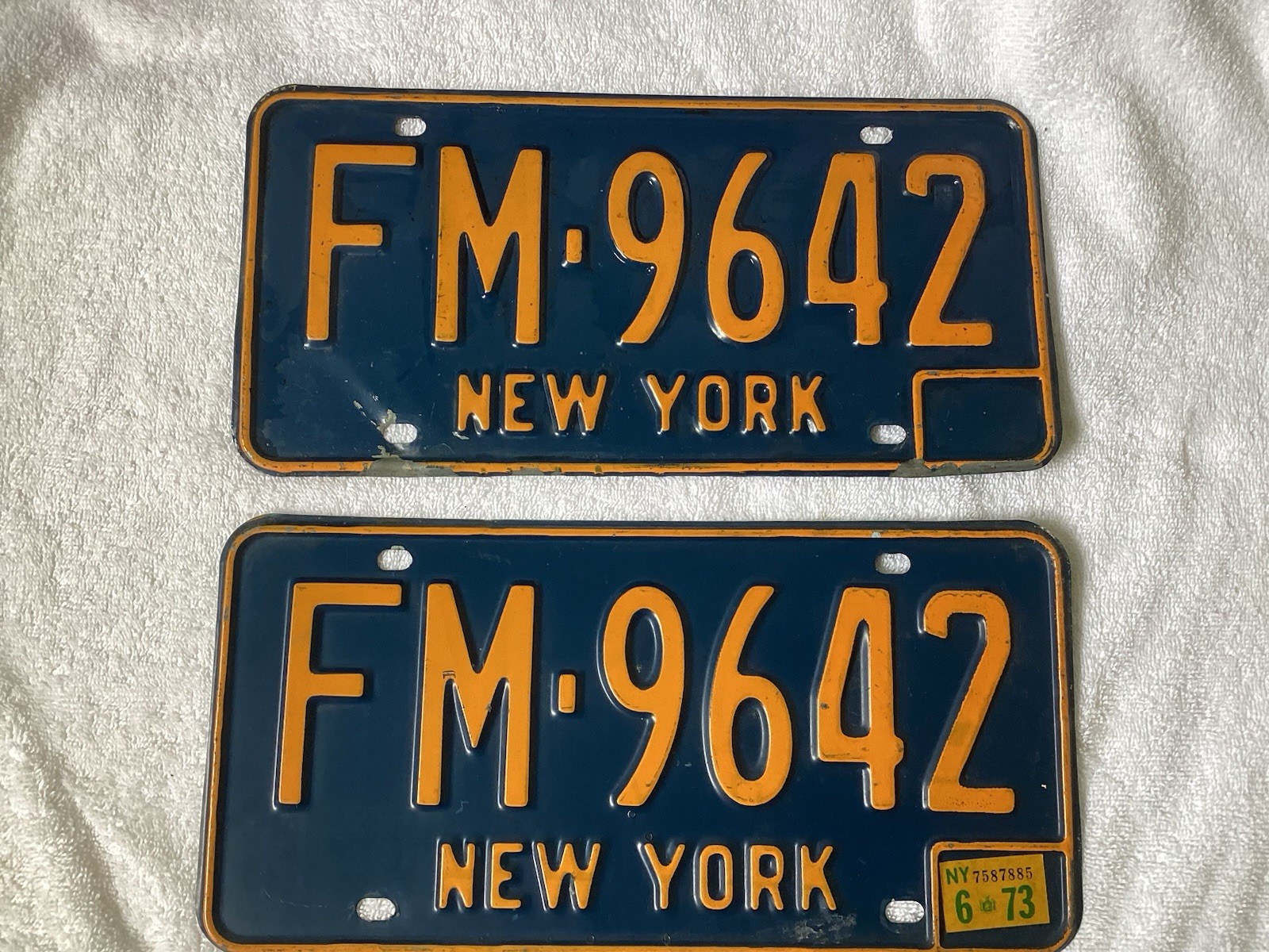 Vintage 1973 New York License Plate Set Tag FM 9642 