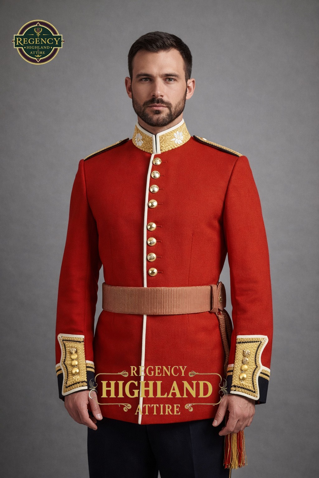 Regency Highland Military Officer Tunic – Red Ceremonial Dress Coat with Gold Em