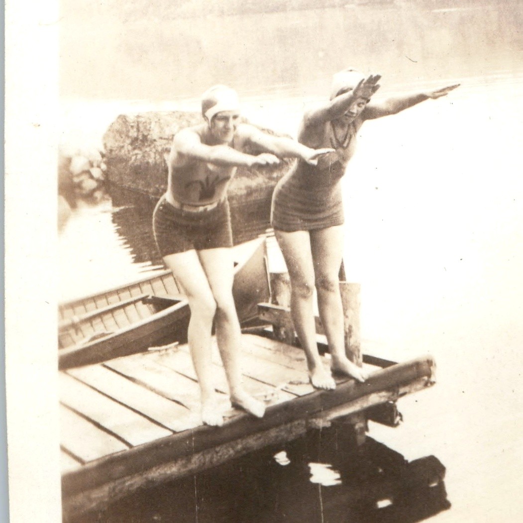 c1920s Barefoot Women Bathing Suits Diving Dock Lake Snapshot Photo Swimwear Vtg