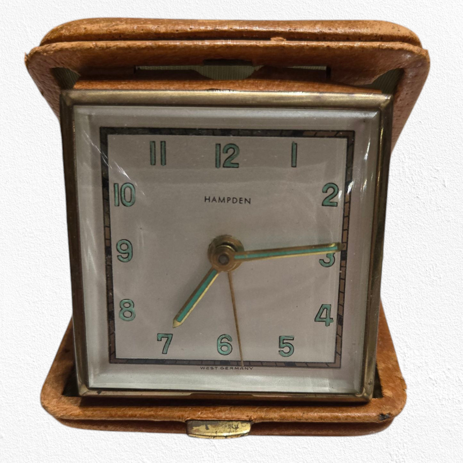Vintage 1950s Hampden Travel Alarm Clock Wind Up Leather Case West Germany MCM