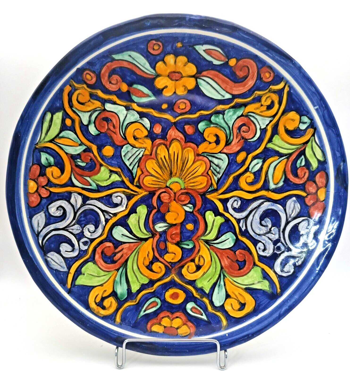 VTG MEXICAN TALAVERA HAND PAINTED FLOWERED LEAD FREE POTTERY PLATE 11.4