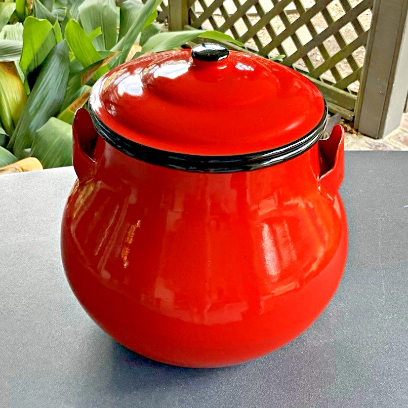 Vintage Red Enamel Stockpot Soup Lidded With Dual Lug Ear Handles 4 Qt Japan MCM