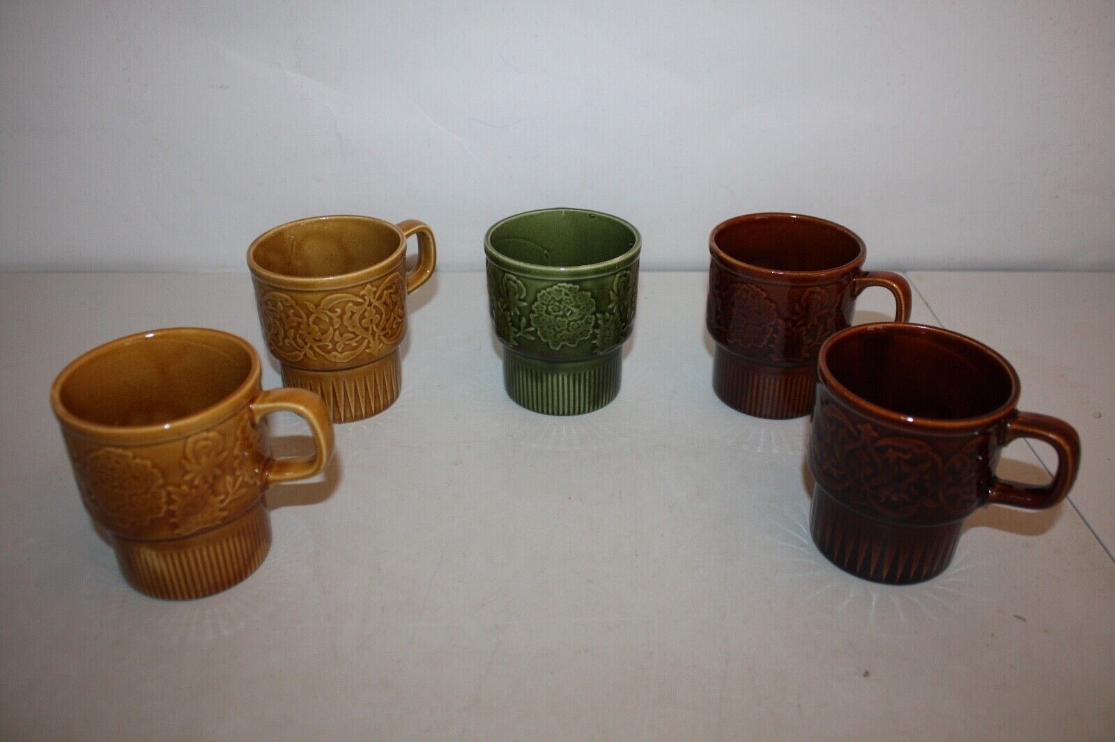 5 Vintage 1970\'s Drip Glaze Ceramic Coffee Mugs Made in Japan Stackable