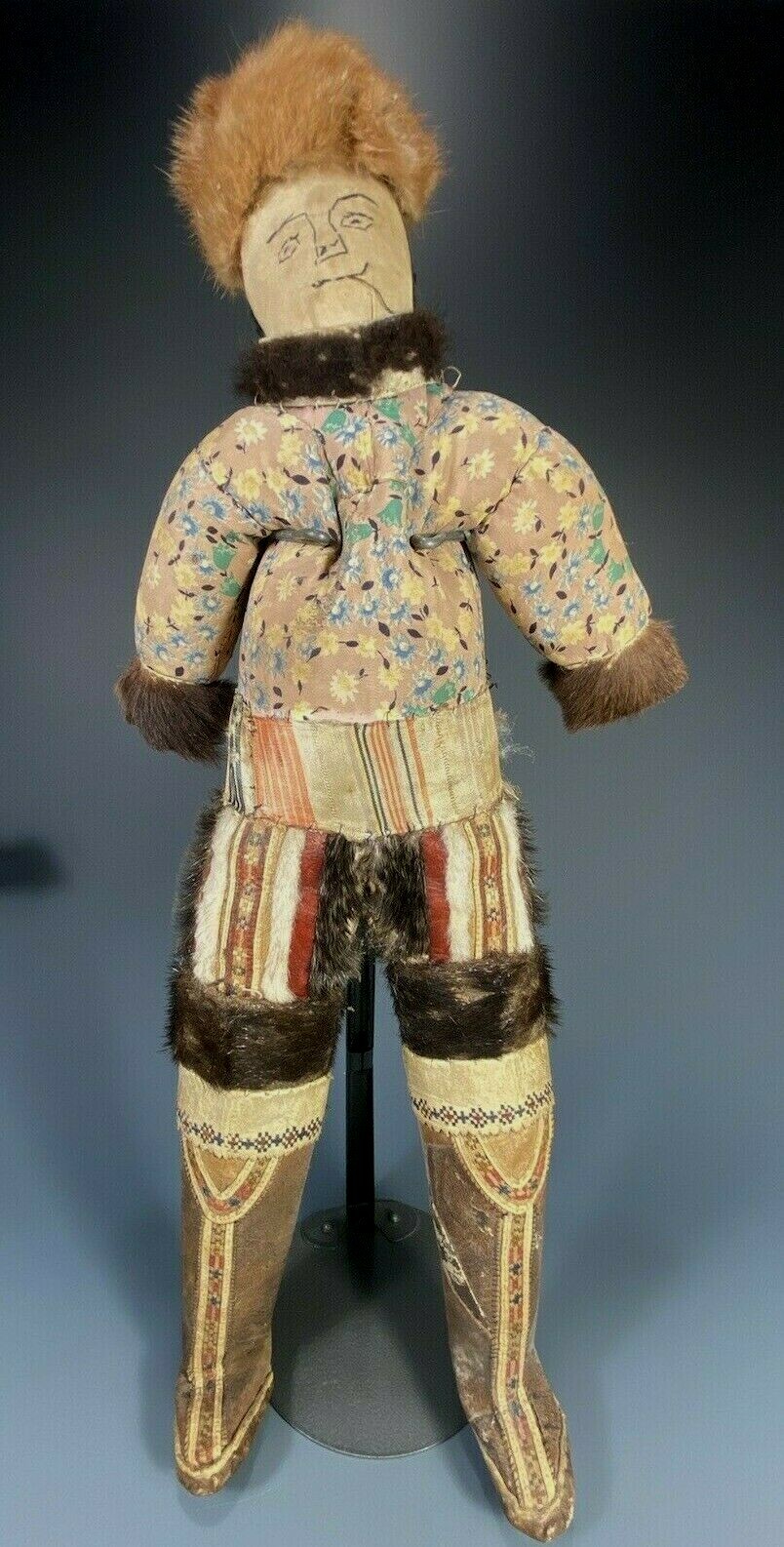 Greenland Inuit Natural Fibers & Hide Standing Doll on custom stand 19-20th c. 