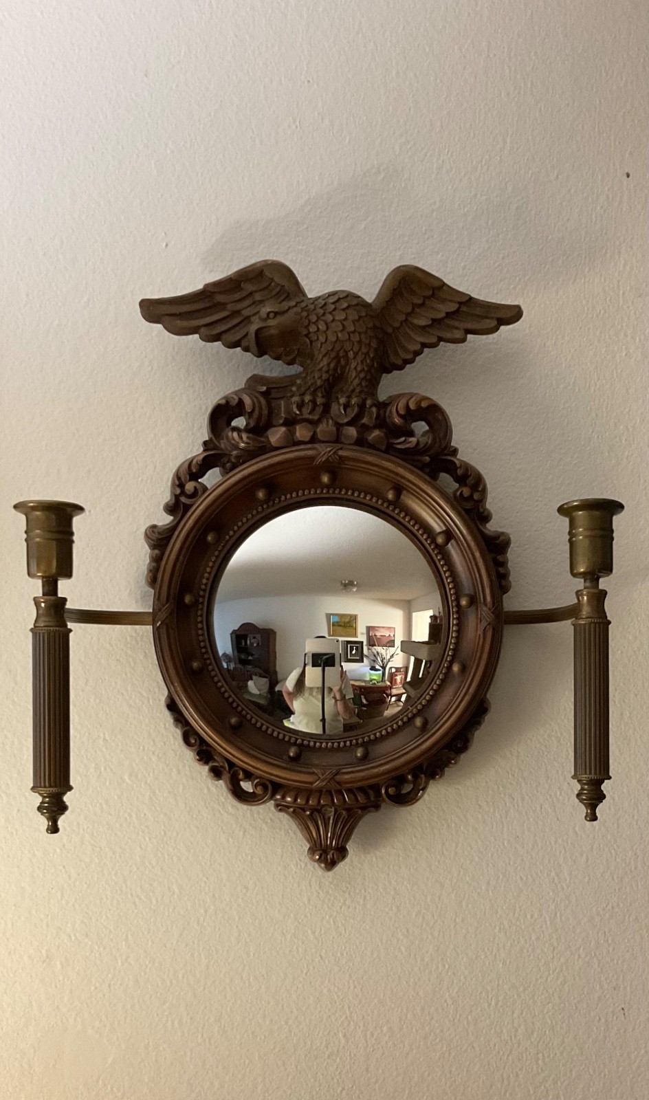 Vintage Syroco Federal  Eagle Convex Wall Mirror with faux candle lamp sconces