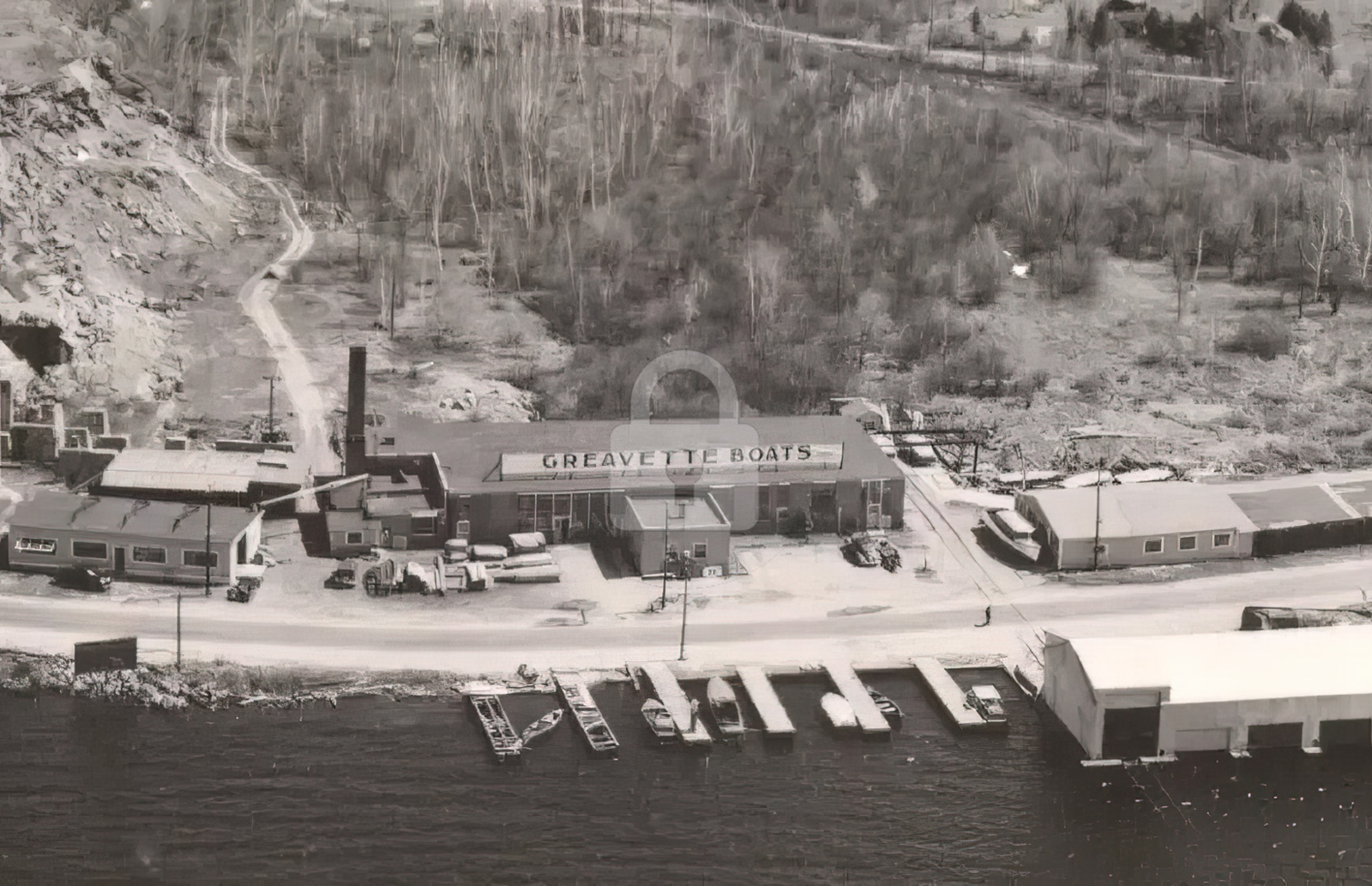 Greavette Boats Gravenhurst Muskoka Canada Aerial View 1 RPPC Postcard Copy