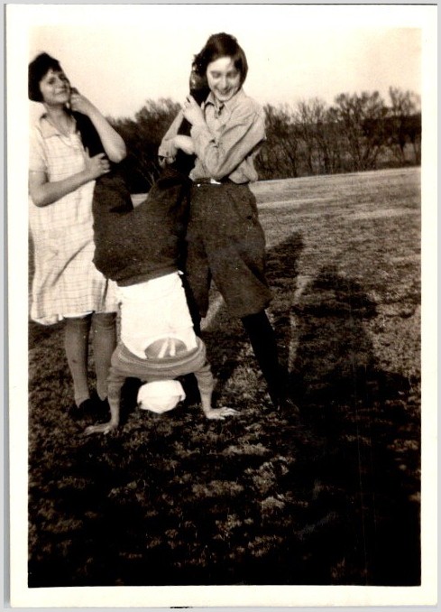 Late 1920s Snapshot Women Headstand in Drop-Waist & Knickers - Sepia Photograph