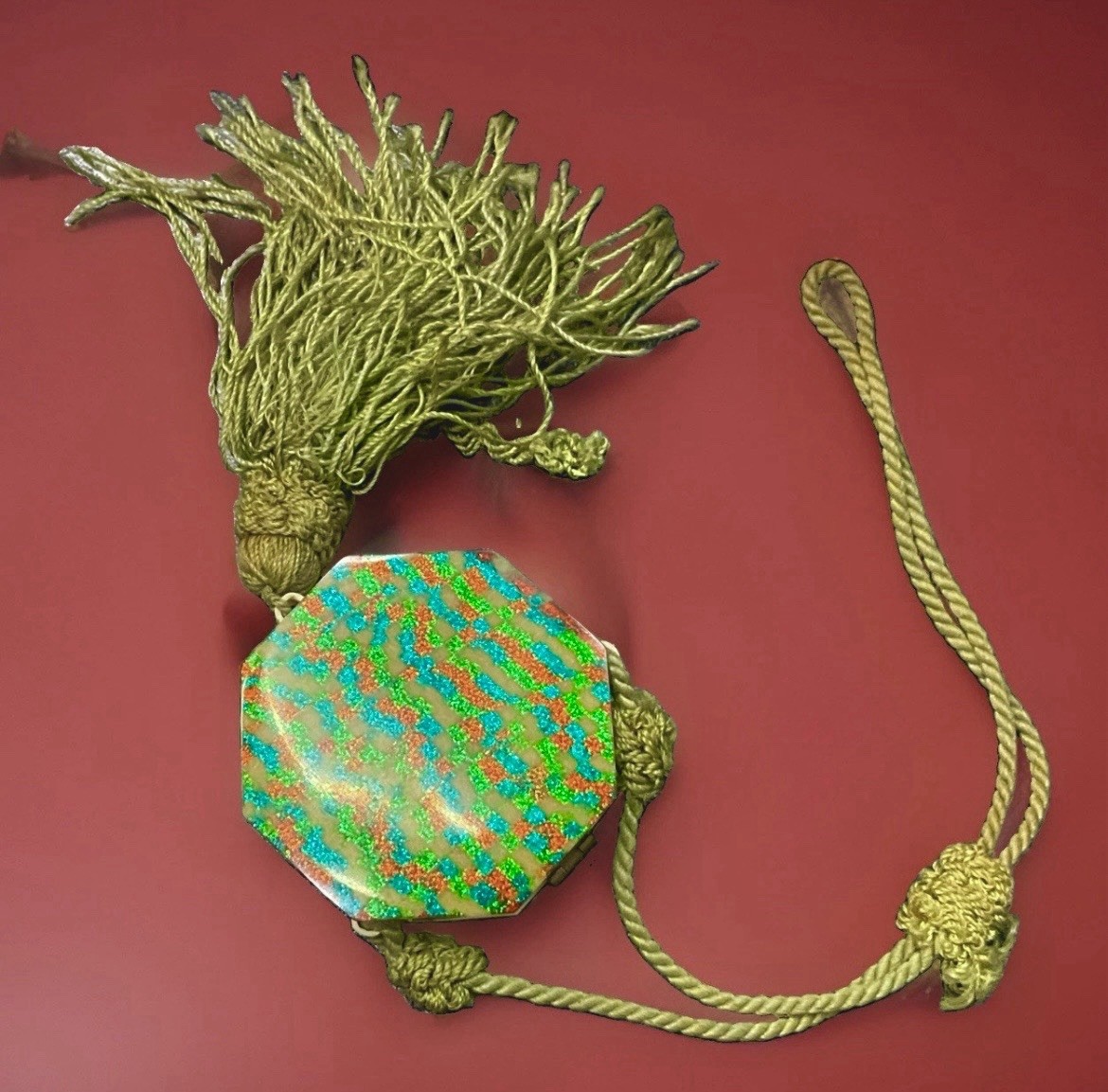 Antique Art Deco Celluloid Dance Powder Compact Sparkles Octagon Tassel
