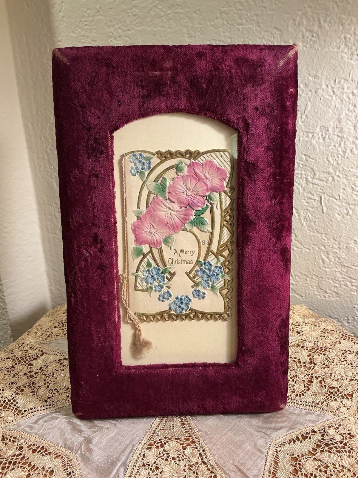 Antique Victorian Christmas Card With Victorian Purple Velvet Easel Frame