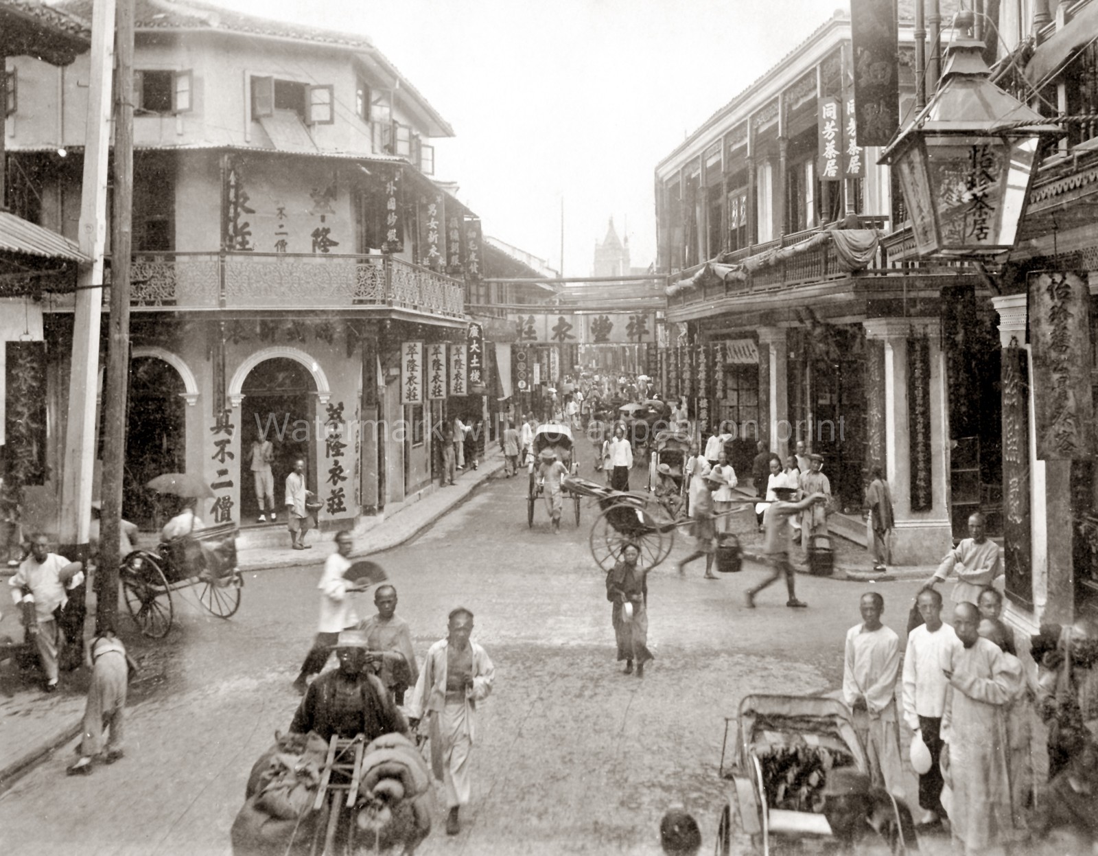 Hunan Road Shanghai China Street Scene Rickshaws Shops Banners Vtg. Photo 19thC.