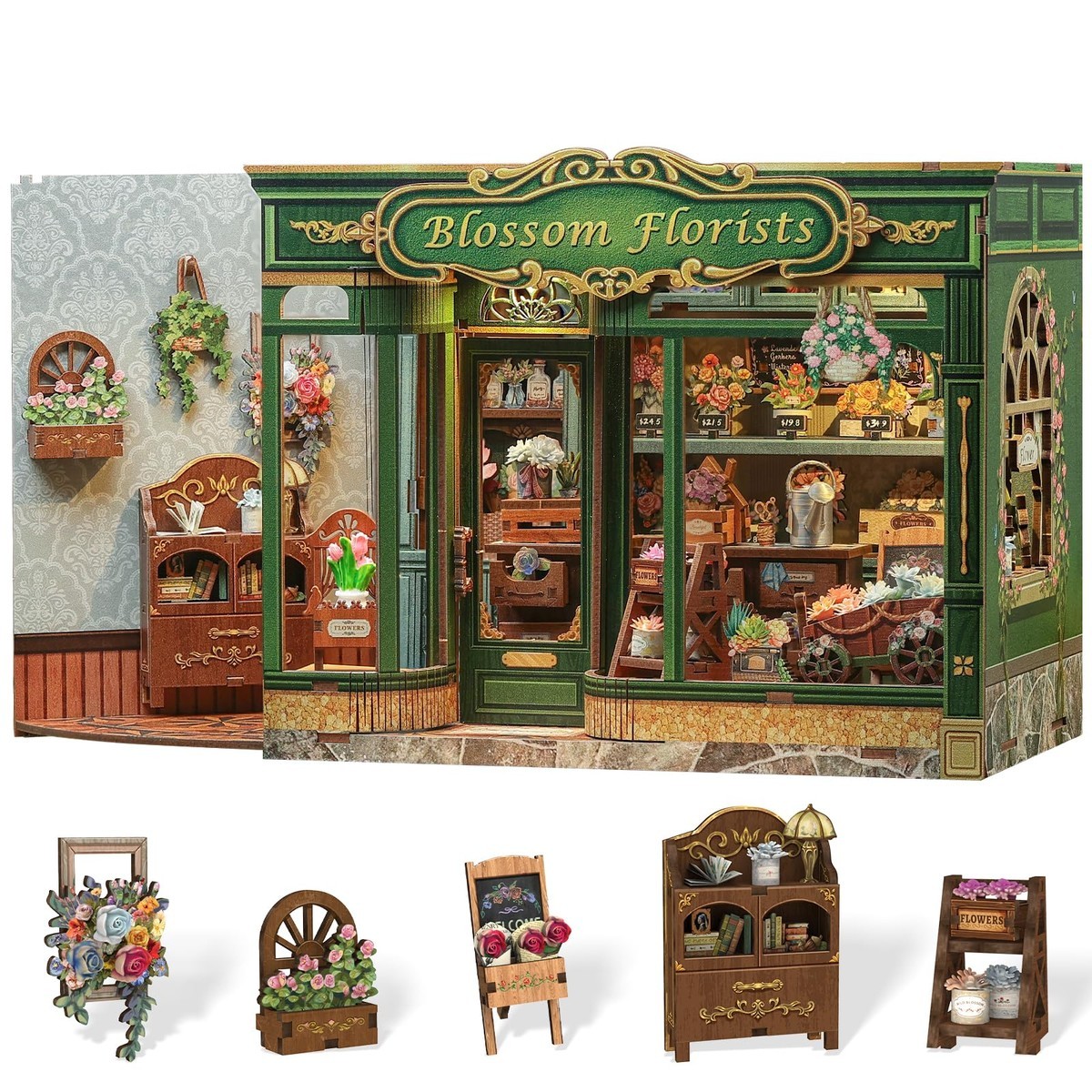 Cutefun Book Nook Kit Blossom Florists 3D Wooden Bookend LED Light Creative Gift