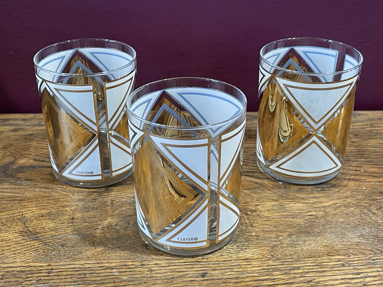 Set of 3 Vintage 60’s 22Kt Culver Gold White Diamond Old Fashioned Glasses Rare