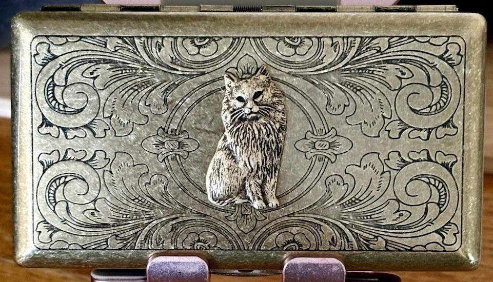 Cat Cigarette Case Wallet Business Card Stash Box, Art Nouveau Vintage Design