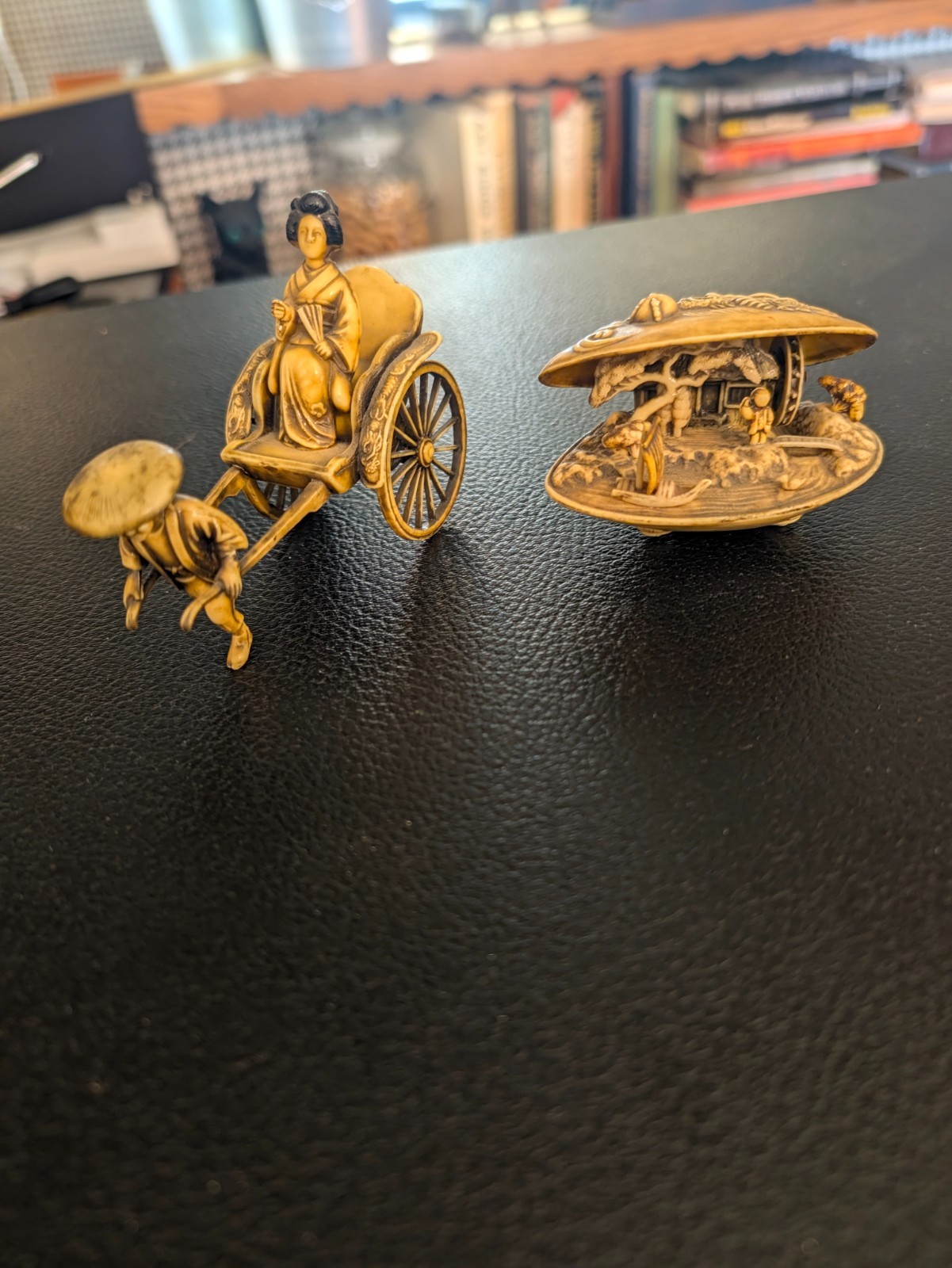 Vintage Japanese Resin Okimono Lot Rickshaw Geisha & Clam Shell Village Scene