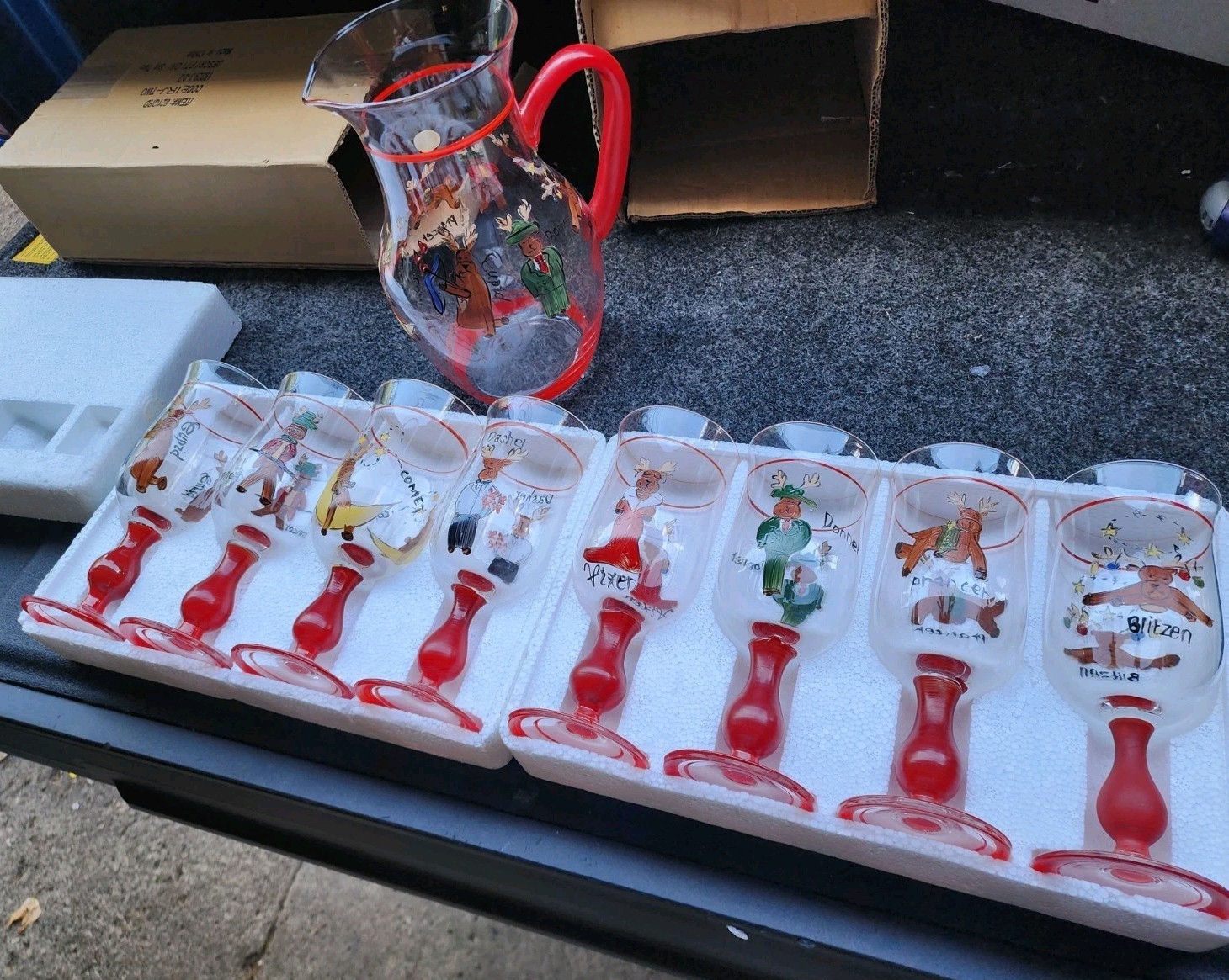Full Set Retired Pottery Barn Reindeer Glass Hand-Painted Pitcher & 8 Matching