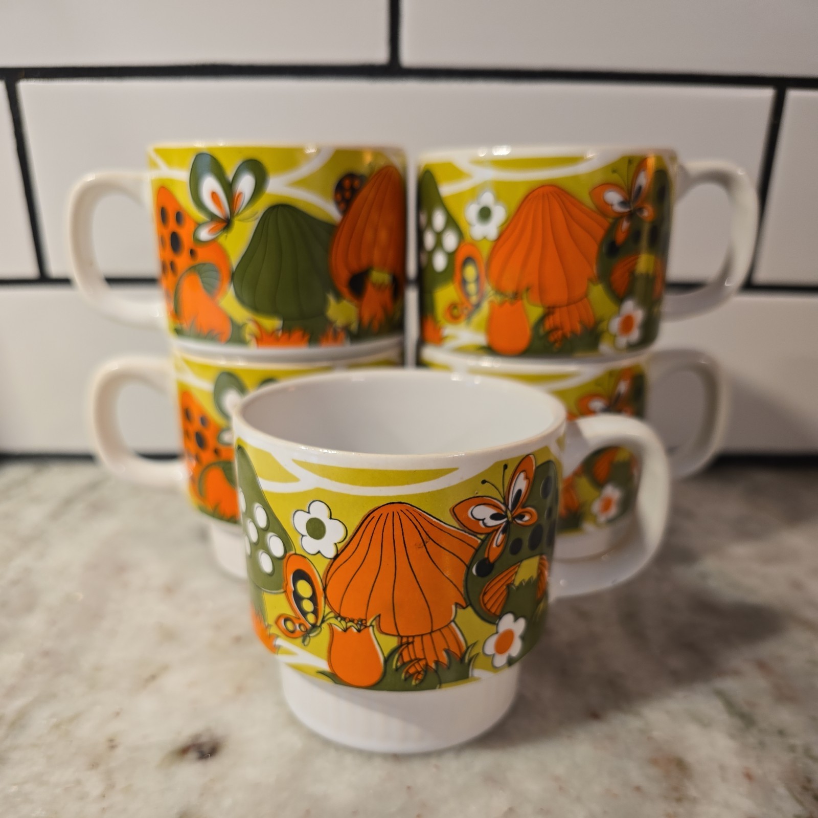 Vintage 70s Groovy Mushroom Mugs Set of 5 Stackable MCM Retro