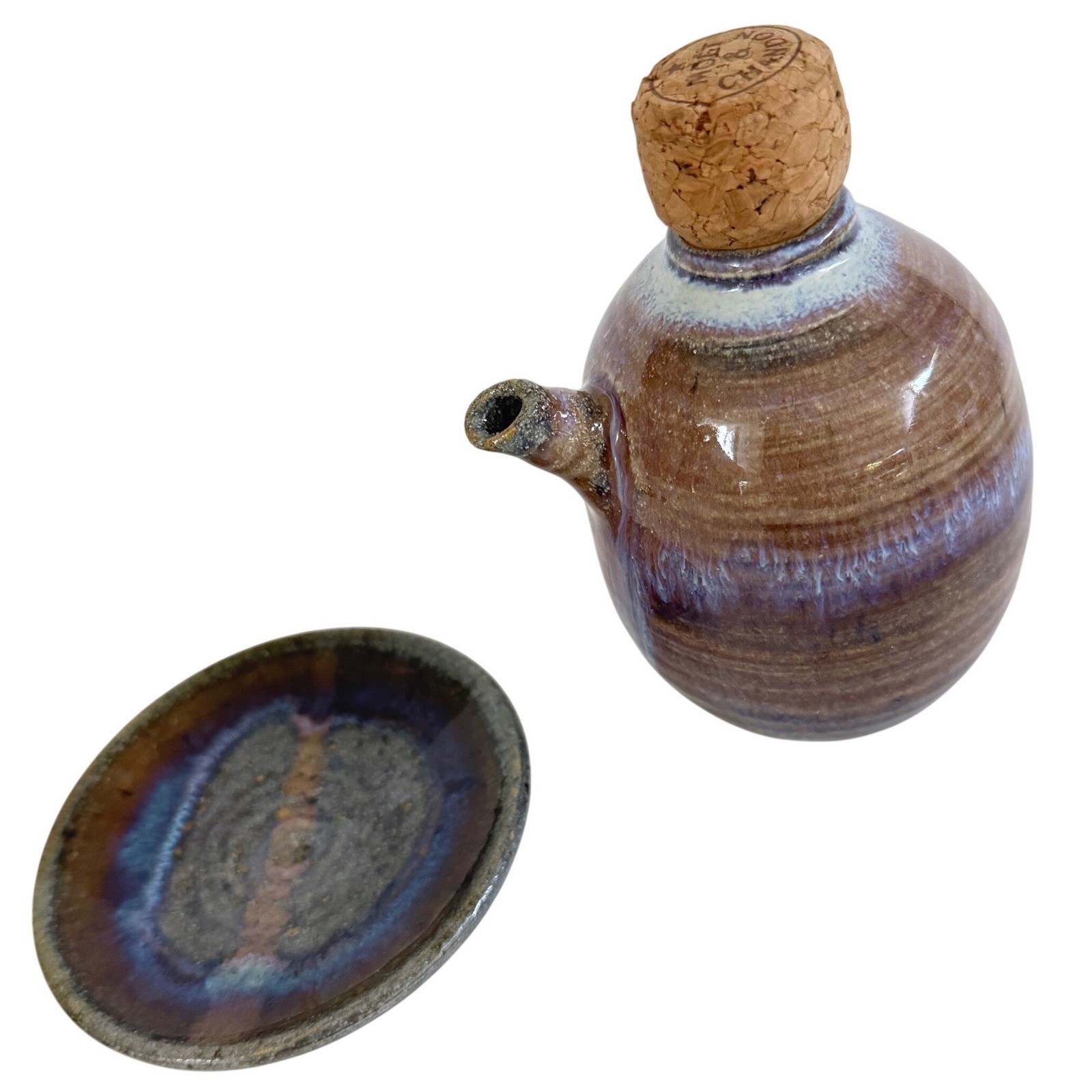 Vintage Studio Pottery Ceramic Oil Vinegar Cruet Bottle Saucer Drip Glaze