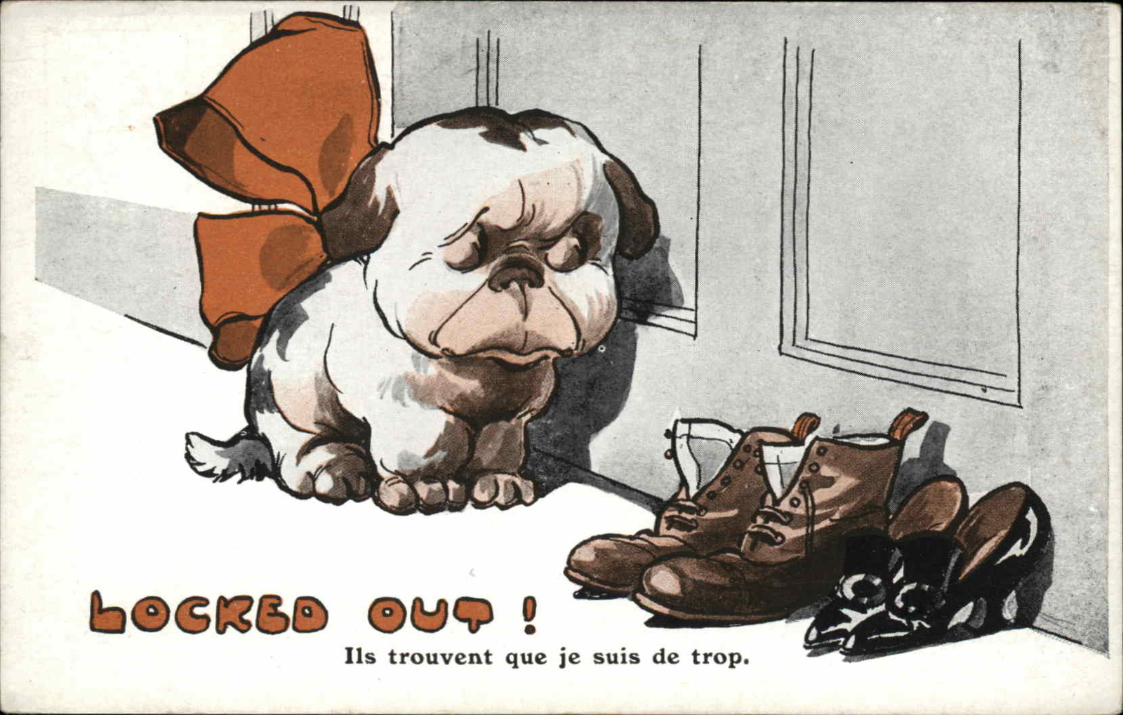 Dog Comic Naughty Sad Locked Out for Being Too Much Trouble c1910s Postcard