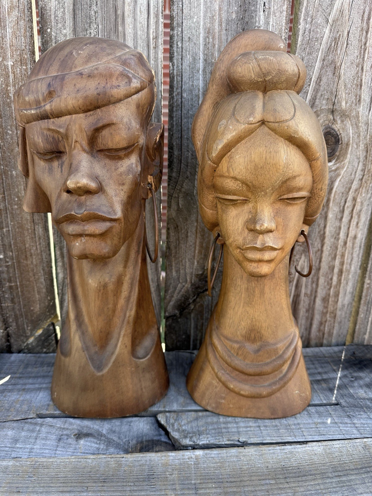 Vintage Hand Carved African Wood Bust Pair Male Female 15” 16” Metal Earrings