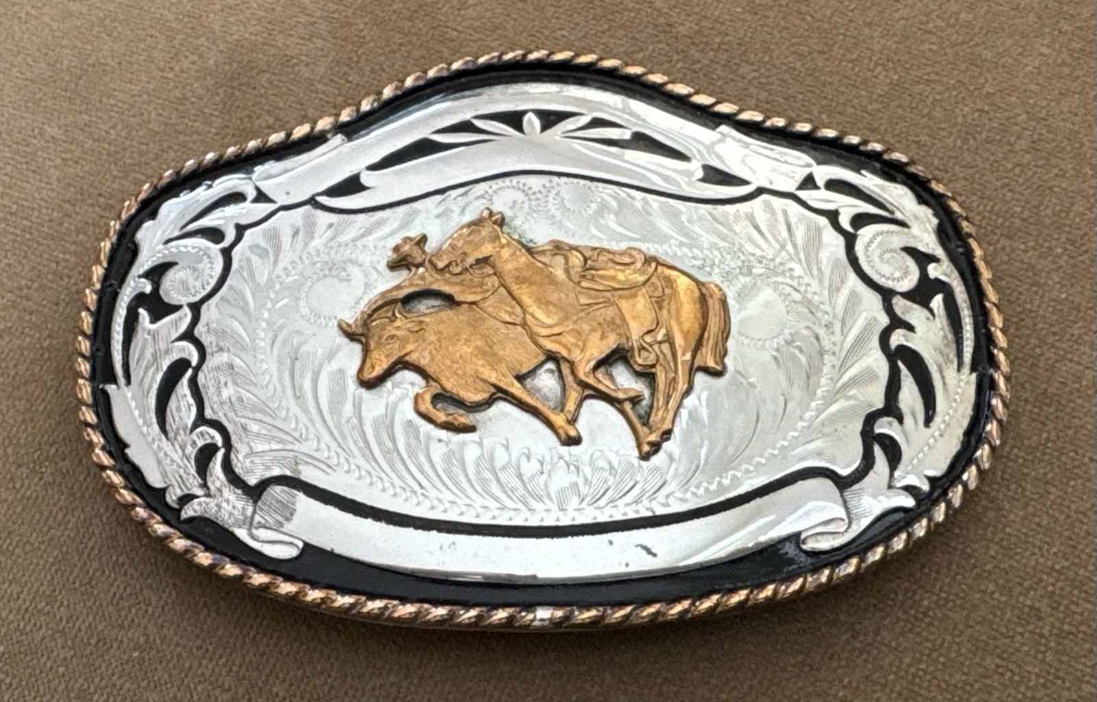 VTG COMSTOCK SILVER COWBOY RODEO STEER WRESTLING BULL DOGGING TROPHY BELT BUCKLE