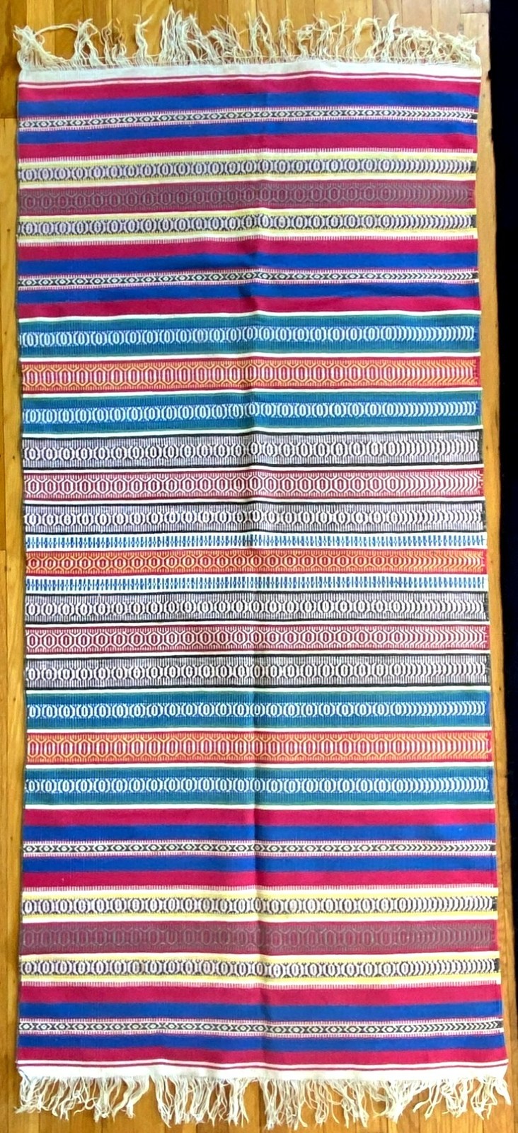 Vintage South American Latin Mexican Mexico Blanket Rug Woven Fringe LARGE
