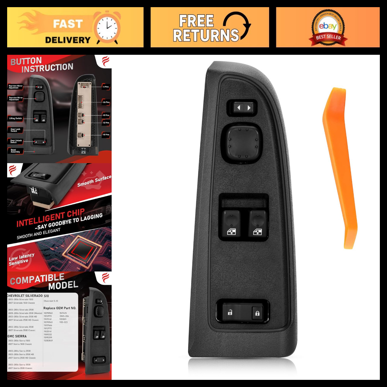 15883318 2003 Chevy Silverado Window Switch & Bezel, Front Driver Side