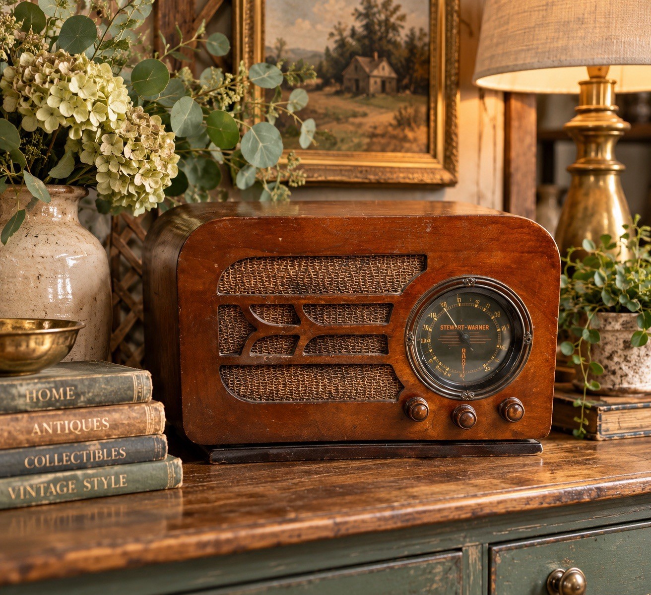 1937 Stewart Warner 1671 Antique Tube Radio Art Deco Wood Cabinet Tabletop
