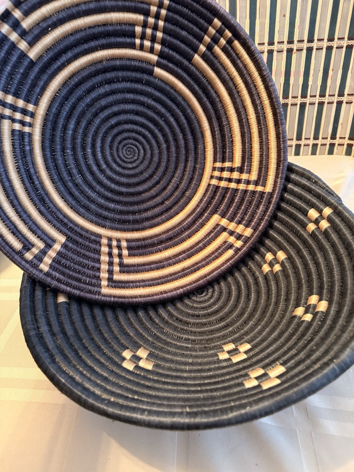 African Handwoven Coiled Baskets Bowl Hanging Wall Decor Rwanda Uganda 12” 2 Pcs