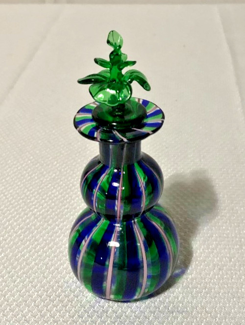 Vintage Murano Blown Art Glass Blue/Green/Pink Perfume Bottle w/Stopper/Italian