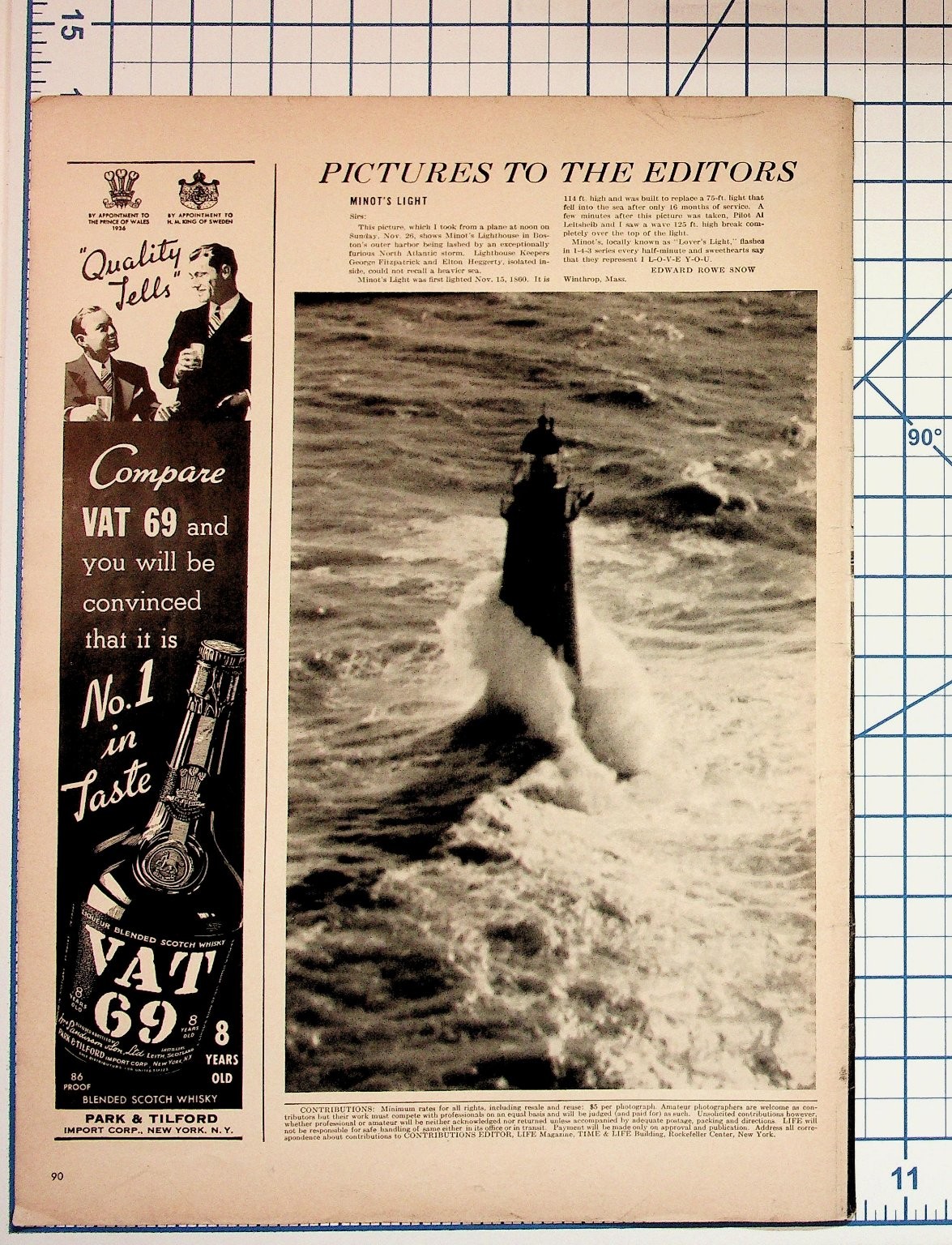 1938 Minot's Light Storm Photo & VAT 69 Scotch Whisky Magazine Ad Page