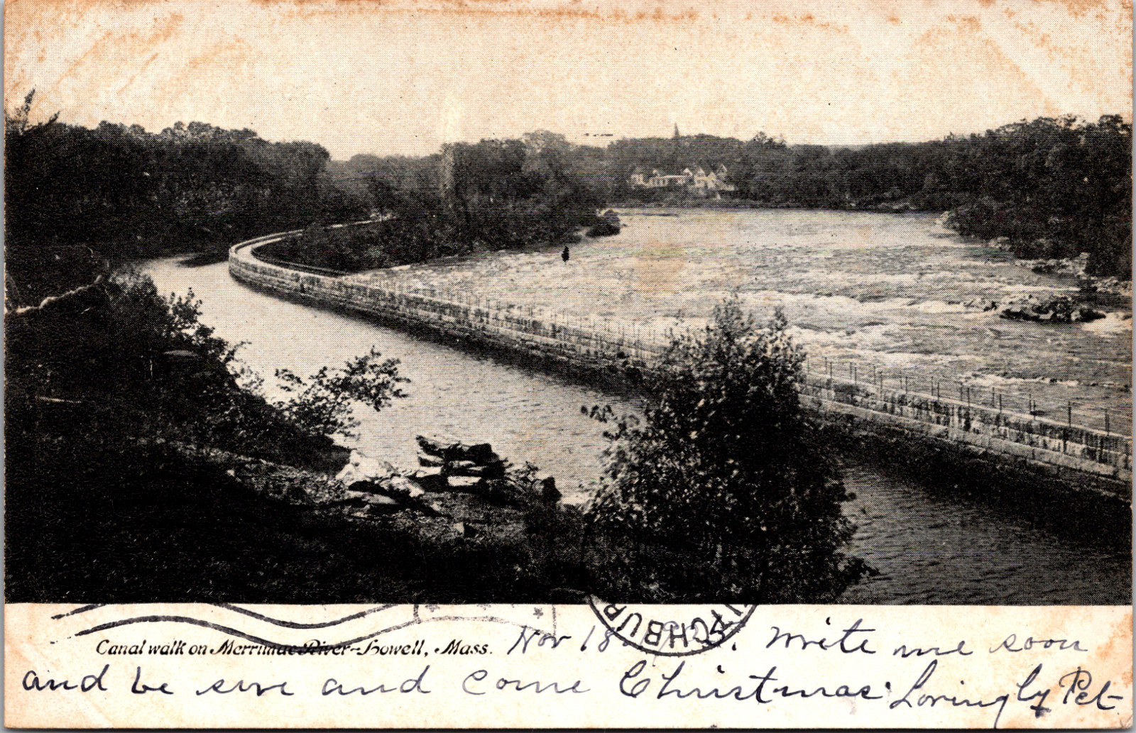 Postcard Canal Walk on Merrimac River Lowell Massachusetts 1905
