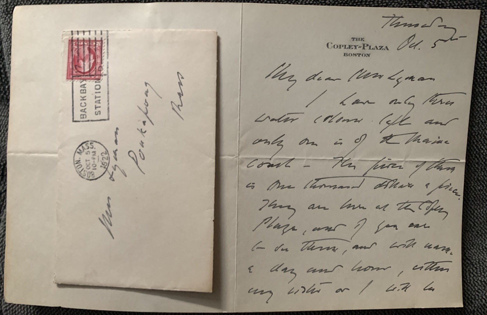 John Singer Sargent Autograph Letter Signed ALS 1922 Boston Copley Plaza Art