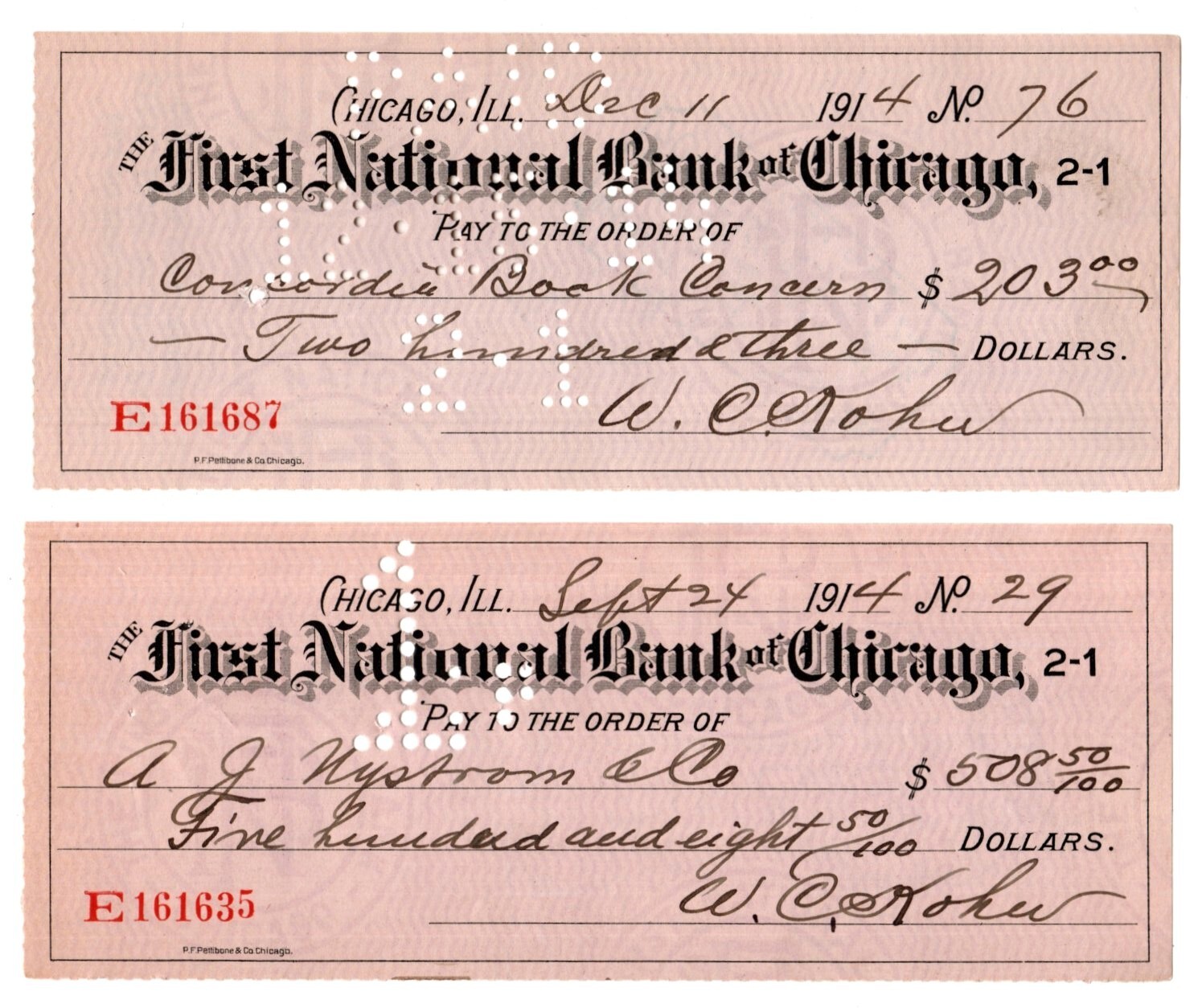 (2)  1914 CHICAGO IL FIRST NATIONAL BANK OF CHICAGO BANK CHECKS - 111 YEARS OLD