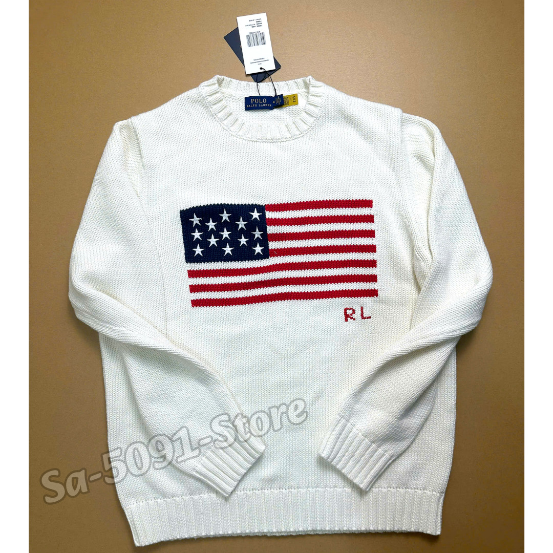 POLO RALPH LAUREN American Flag Cotton Sweater White Crewneck NWT Size M